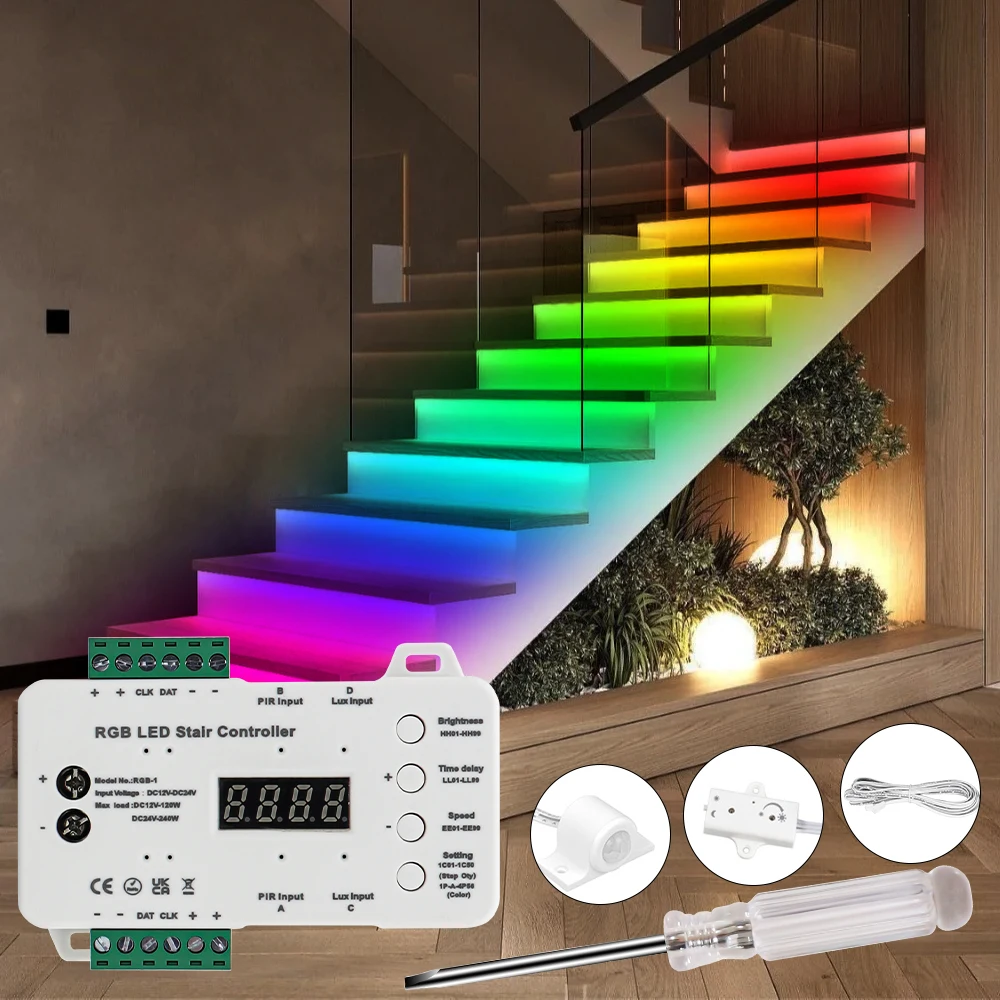 Motion Sensor RGB Stair Light Strip Daylight Stairs LED Strip 16 Steps Staircase RGB LED Strip