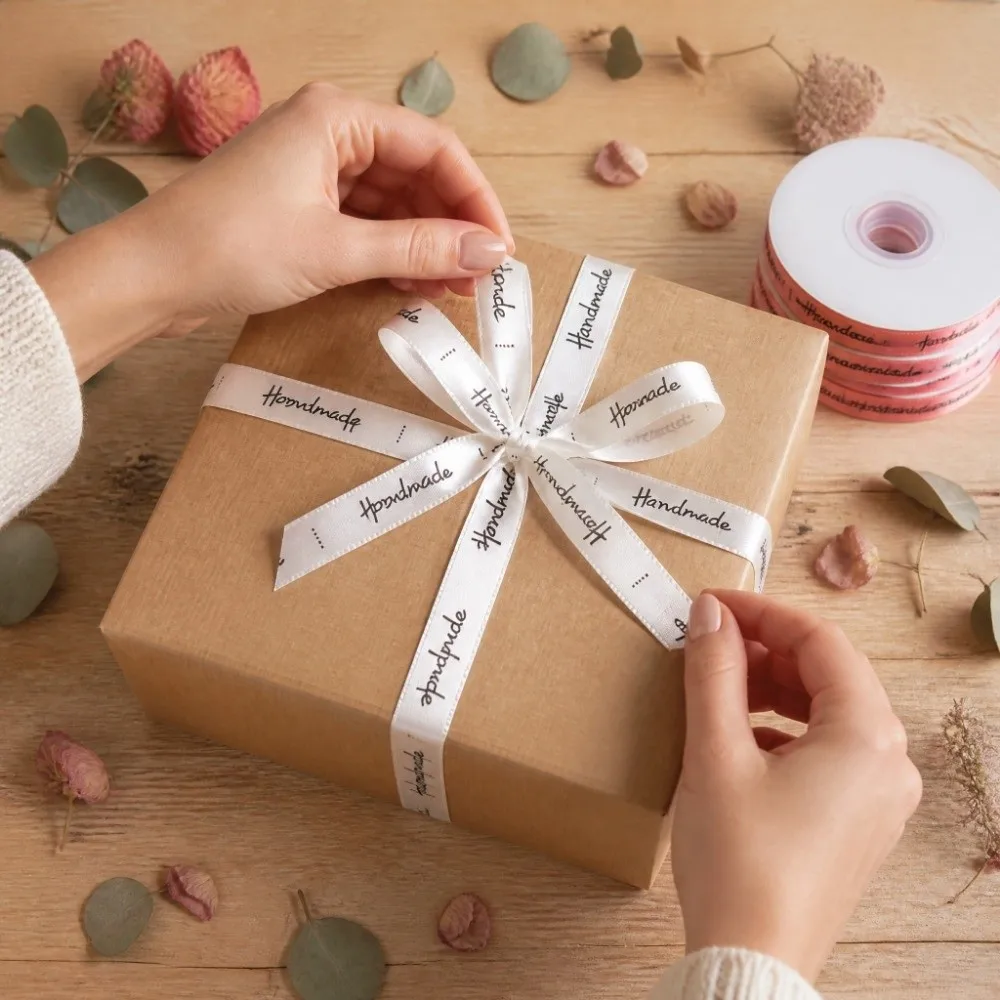 2Pcs Satin Material Satin Ribbon Letter Design Decorative Texture Printed Word Ribbon Packaging Ribbon Handmade Project