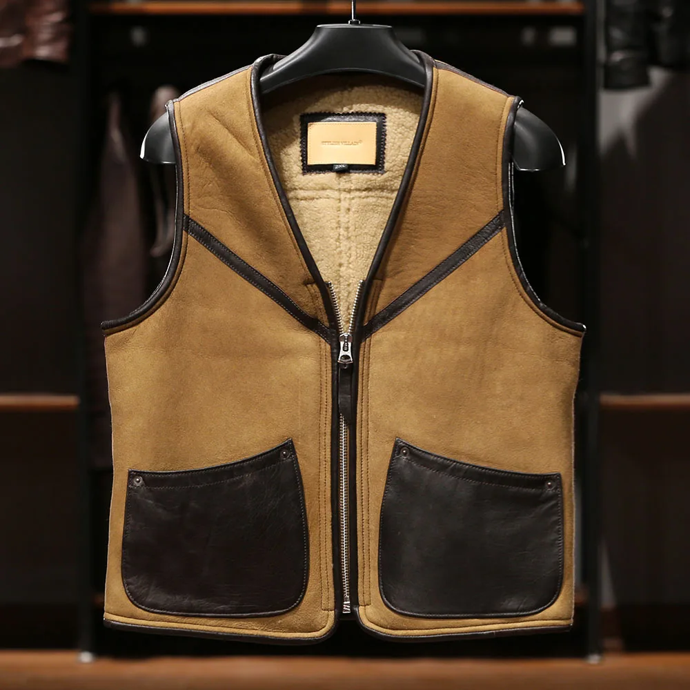 Winter Casual Warmth Shearling Sheepskin Fur Genuine Leather Jackets Men\'s Sleeveless Vest & Waistcoats