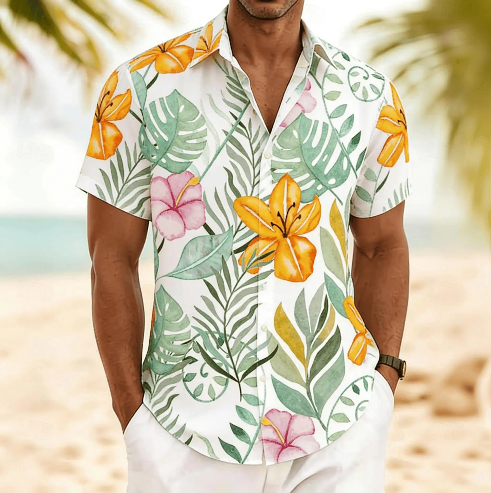 Summer Retro Enthusiastic Tropical Flower Short Sleeve Flower Shirt Men's Loose Shirt