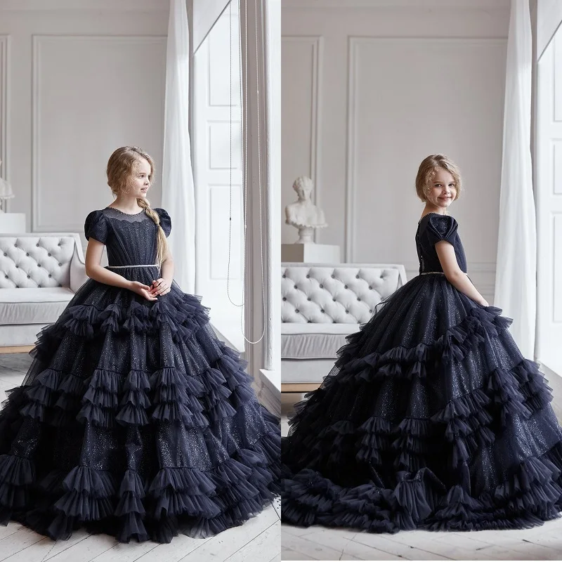 

Black Ball Little Princess Flower Girl Dresses For Wedding Tiered Skirts Beads Toddler Pageant Gowns Birthday Dress for Girl