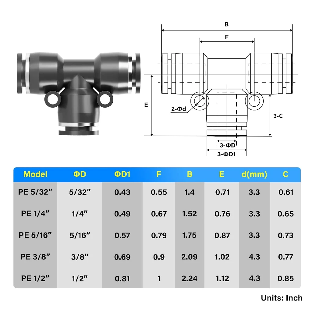 10PCS/LOT PE4/6/8/10/12/14/16MM Pneumatic Quick Connect Fittings 3 Ways Tube Connect Push Fit Push Lock T Shape Fittings Tube