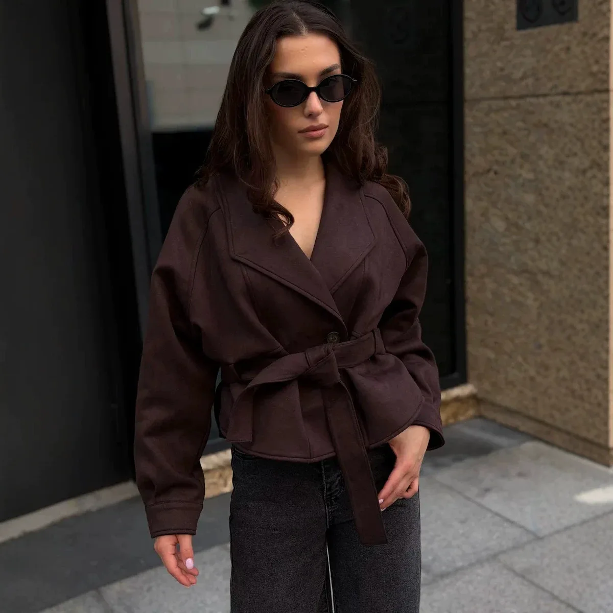 Temperament retro waist strap lapel shoulder down commuter suede jacket women