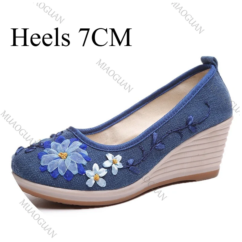 Embroidered Women Comfort Wedge Platform Shoes Fashion Bowknot Ladies High Heels Pumps Vintage Ethnic Female Heeled  Footwears