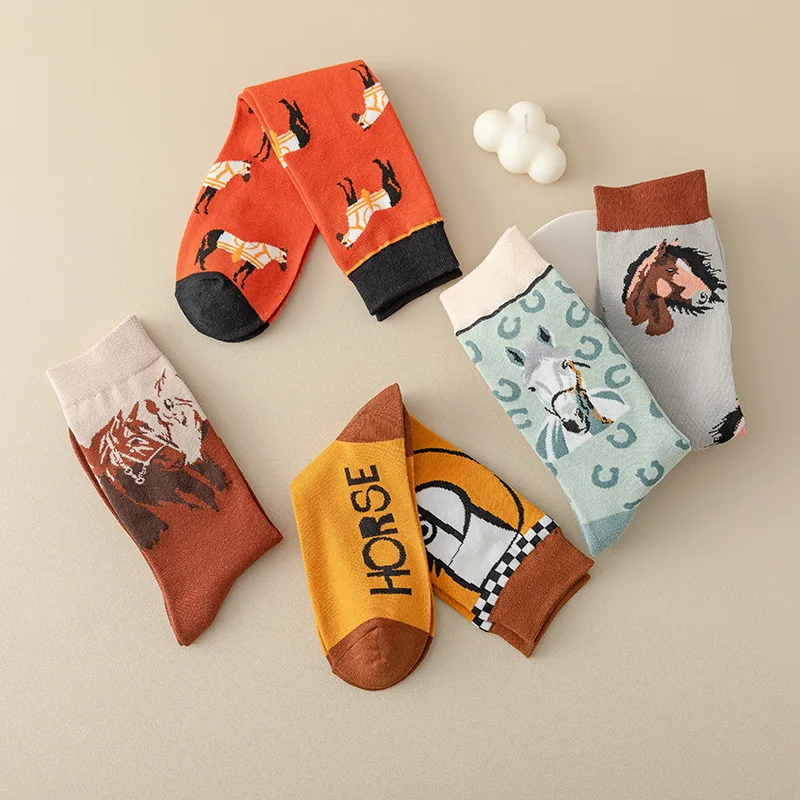 1 Pair Cotton Fashion Harajuku Vintage Women Funny Socks Cartoon Orange Horse Lovely Cats Lion Streetware Cute Girls Sox Autumn