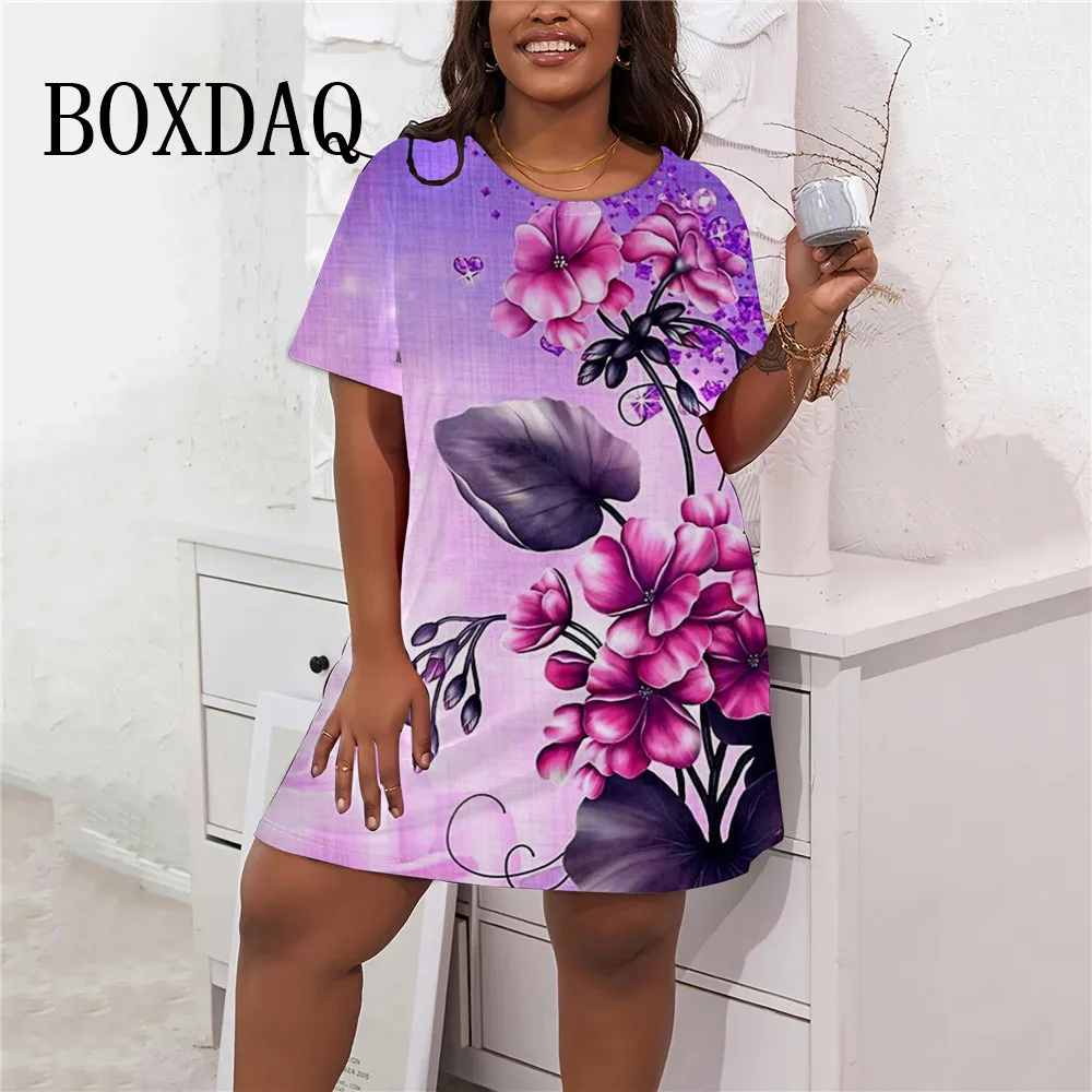 Fashion 3D Print Flower Dresses Women Summer Round Neck Short Sleeve Loose Dress Vintage Casual Floral Pattern Plus Size Dress