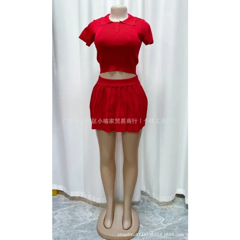 Knitted Women 2 Piece Set Solid Lapel Neck Short Sleeve Crop Top Pleated Mini Skirts Matching Set 2024 Summer Streetwear Outfits