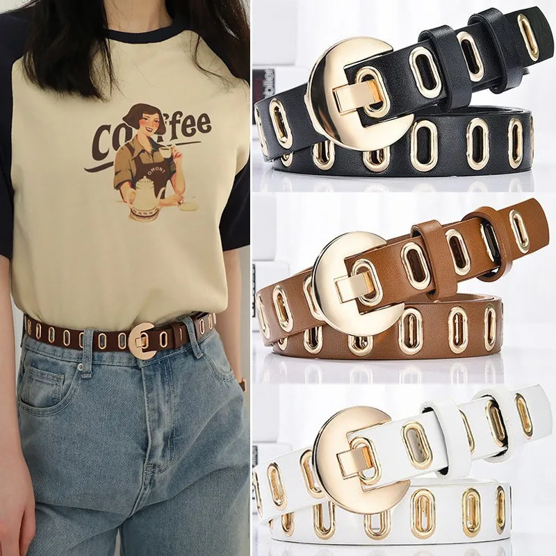 Maikun New Women Belt Adjustable Hole Grunge Punk Belts for Women Alloy Pin Buckle Leather Belt for Pants Dresses Trendy Belt