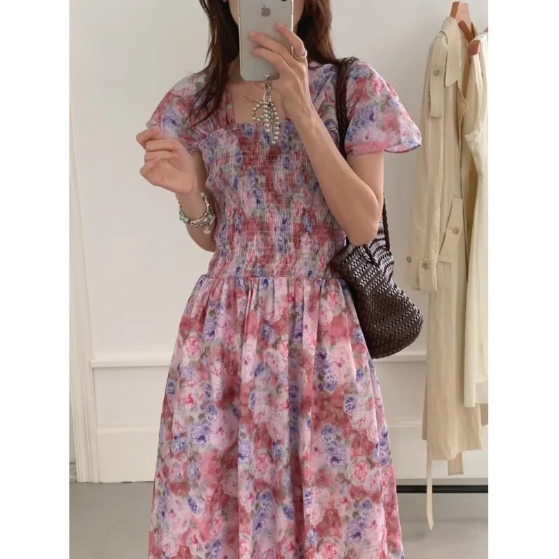 

Slimming Floral Print One Shoulder Square Neck Two Sided Wearable Waist Cinched Dress Korean Style Spring Autumn Winter Dress