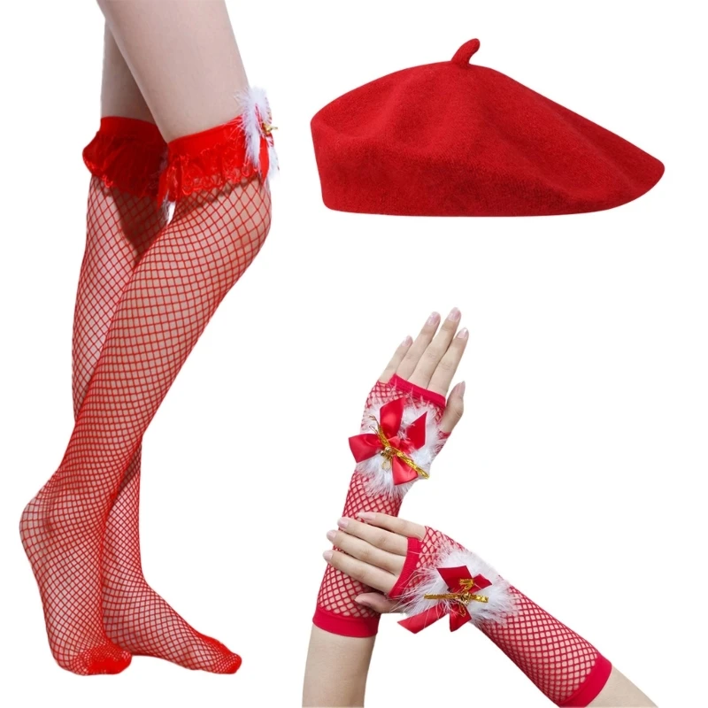 Weihnachten Baskenmütze Handschuhe Mesh Strumpf Unisex Winter Geschenke für Erwachsene & Jugendliche Cosplay Santa für