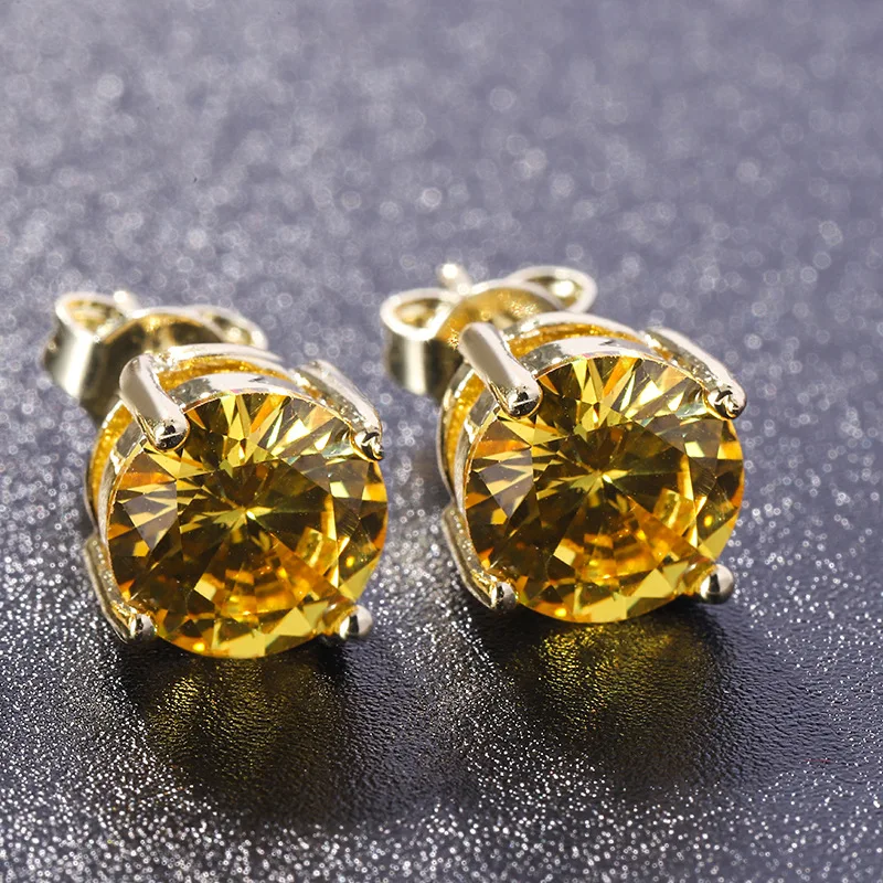 Yellow Crystal Round Stone Earrings Classic Four Claw Small Stud Earring For Women Vintage Fashion Gold Color Birthstone Jewelry