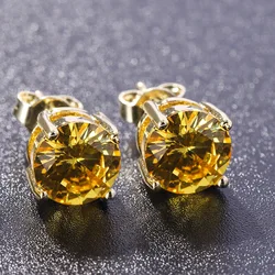 Yellow Crystal Round Stone Earrings Classic Four Claw Small Stud Earring For Women Vintage Fashion Gold Color Birthstone Jewelry