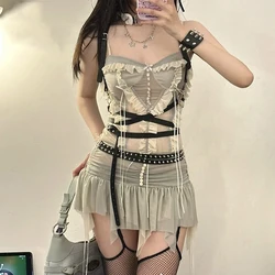 Y2k Set di due pezzi Outfit estetica fata Grunge Mesh gonna corta irregolare e Crop Top 2023 Summer Chic Women Matching Sets