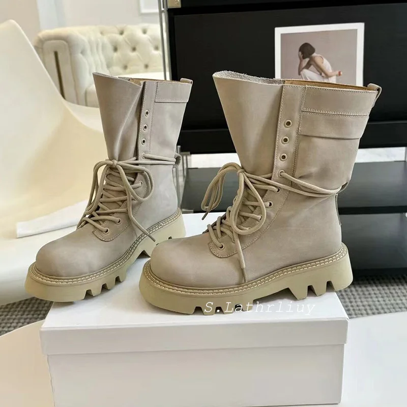 Flat Heeled Thick Soled Lace Up Short Boots Women Solid Color British Style Mid Calf Boots Spring Autum Work Commuting Boots