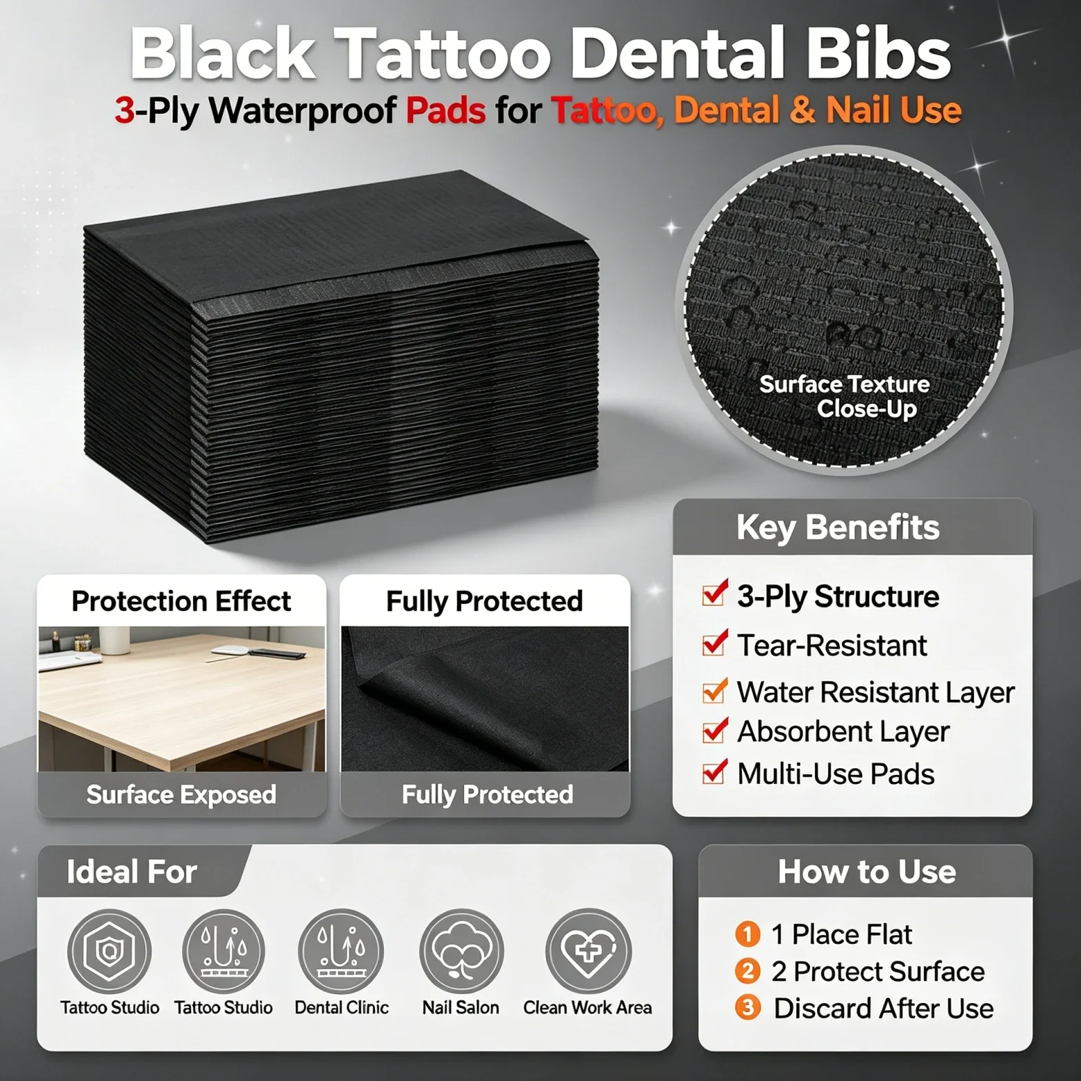 NARKASY 30/50/125/250PCS Disposable Tattoo Clean Pad Black Tattoo Bib Table Covers Clean Patient Dental Napkins Supplies