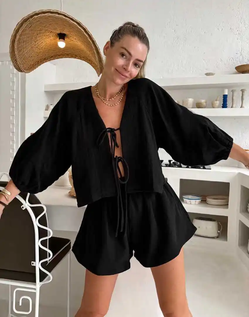 

Летний комплект из топа и орг на шнуровке Long Sve round Ne Домашняя одежда Женская домашняя модная повседневная одежда ort Pants