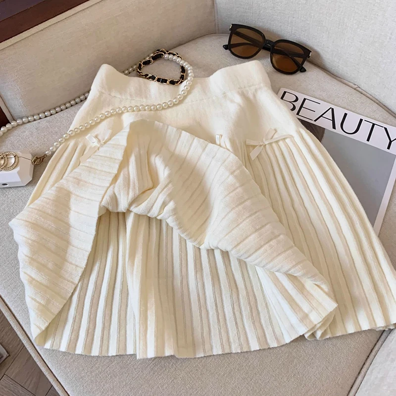 2025 Sweet Bow Decor Knitted Skirt for Women Autumn Winter High Waist A-Line Skirt Female Preppy Style All-Match Mini Skirts