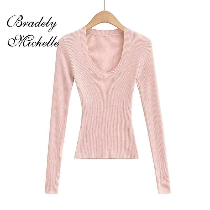 Women's Spring Streetwear Retro Sweater Mujer Solid Long Sleeve U-neck Pullover Top Knit