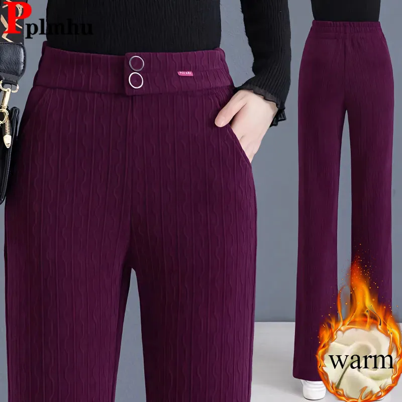 Zimowe ciepłe luźne spodnie damskie z elastyczną podszewką z aksamitu z szerokimi nogawkami Casual Thicken Snow Wear Calca