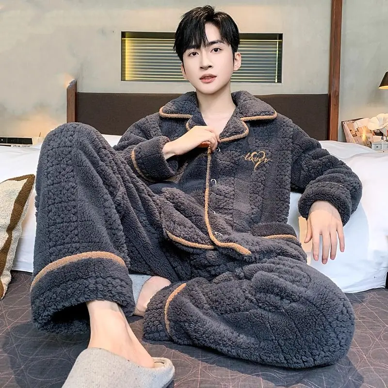

Boys' Coral New Loose Thickened Fleece Large Size Pajamas Men's Flannel Autumn and Winter Loungewear Suit Front Buckle Comfort