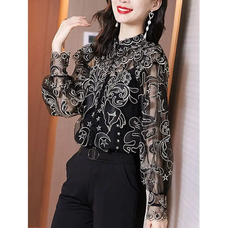 Spring Autumn New Fashion Printing Turn-down Collar Long Sleeve Blouse Ladies Temperament Net Yarn Shirts Femme Elegant Tops