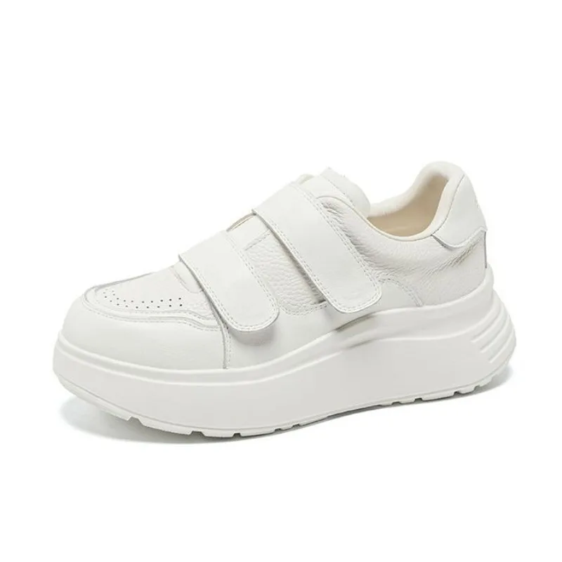 

5.5cm Thick Sole Height Increasing Platform Shoes Women Genuine Leather Casual Sneakers Hook And Loop Women Board Shoes White