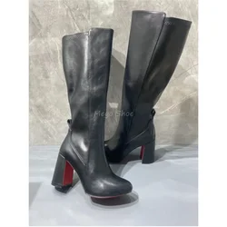 Women's Long Boots Black Genuine Leather Pointy Toe Chunky High Heel Boots Female Shoes Size 42 Brand Design Shoes New Fashion