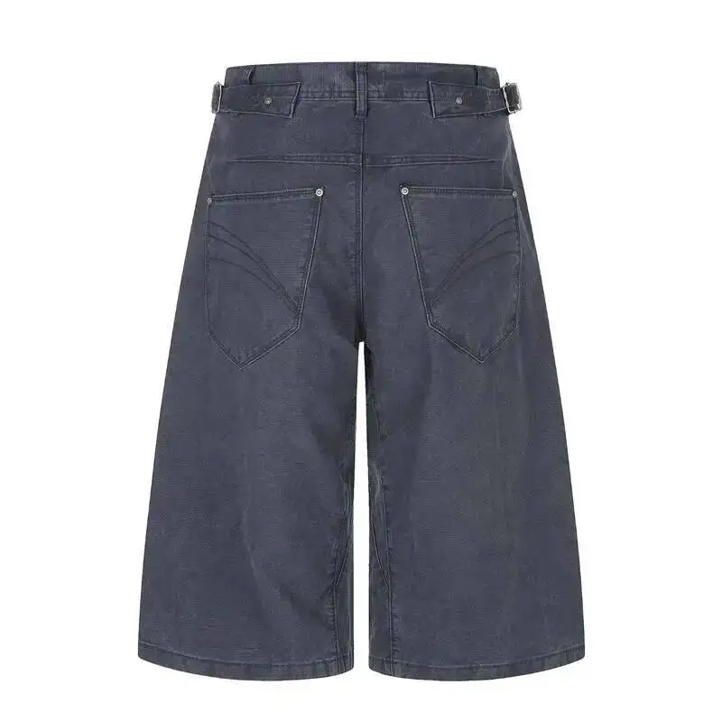 Men's Denim Shorts Summer New Jorts Black Washed Cargo Pants Loose Fit Adjustable Buckle Design Casual Knee Length FNSK