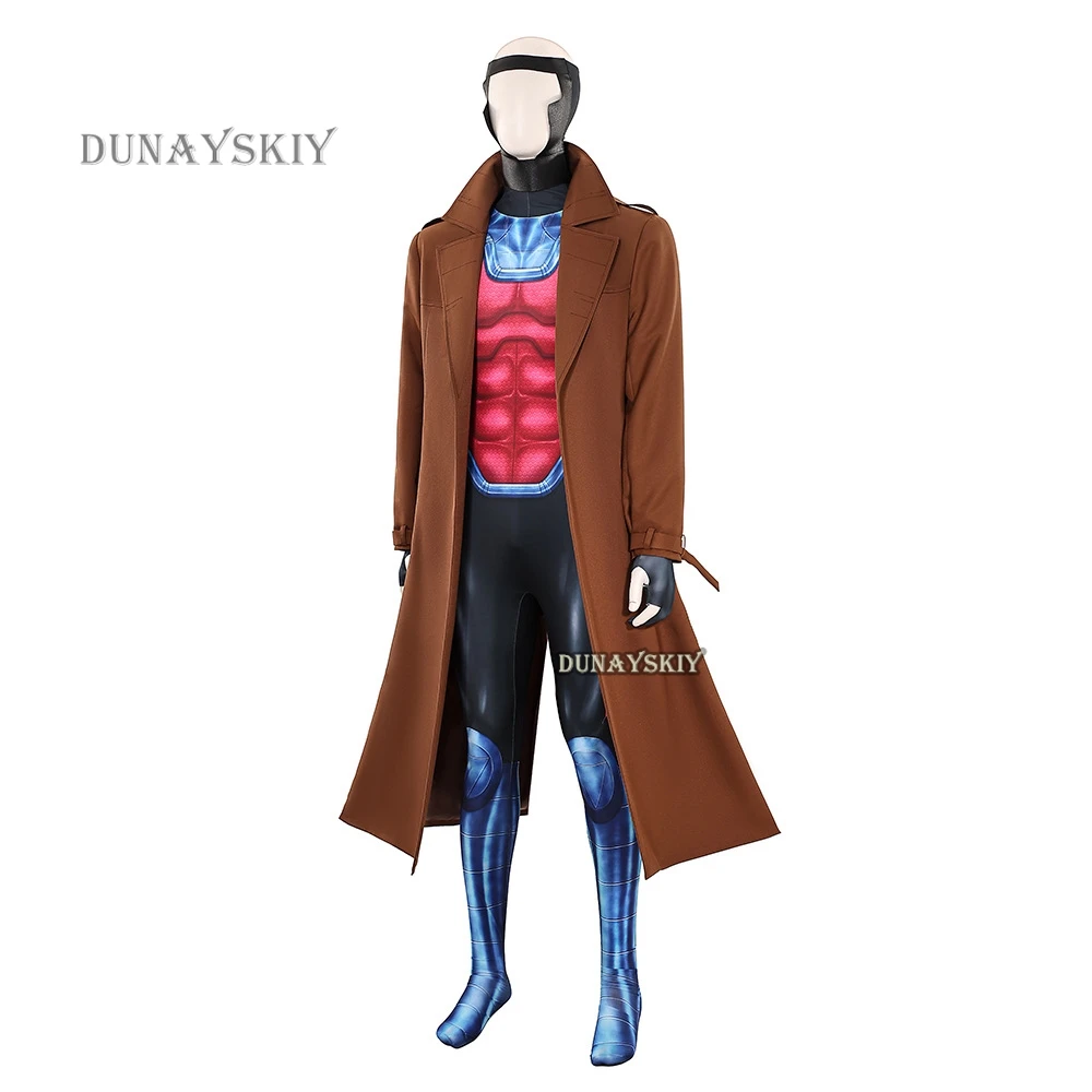 X-man Gambit Remy Cosplay Costume Men Battle Suit Leather Long Trench Vest Pants Set Superhero Halloween Carnival Outfits