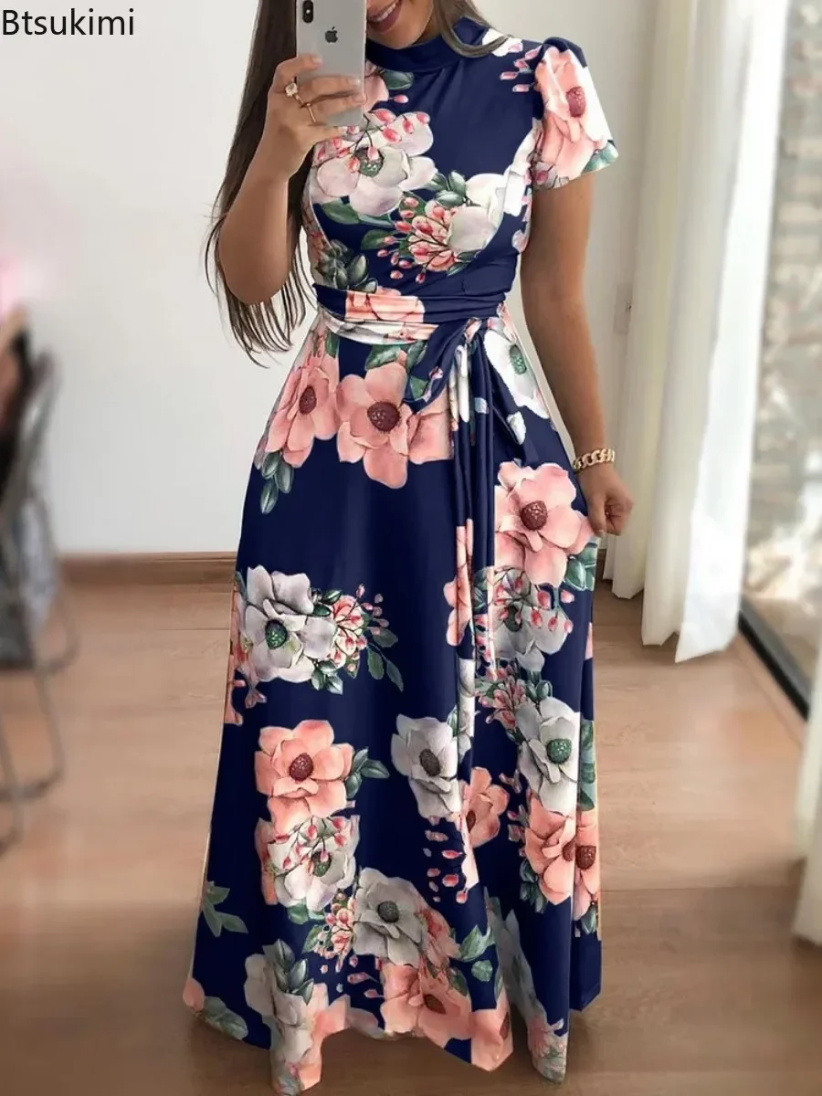 New 2026 Women\'s Summer Casual Floral Print Dress Luxury Retro Fashion Round Neck Mid Waist Comfortable Large Swing Dress Female