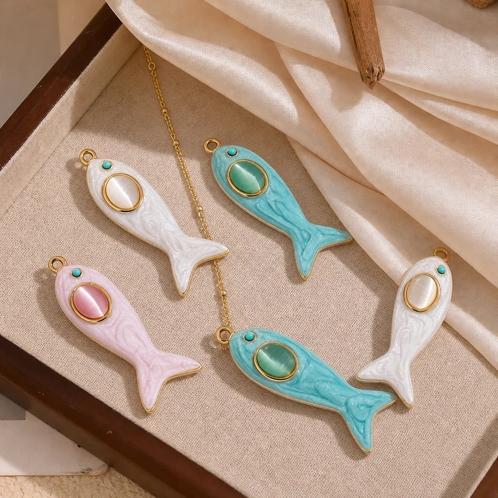 2 Stück Edelstahl-Ozean-Anhänger, Emaille-Fisch-Anhänger mit Perlmutteffekt für DIY-Ohrringe, Halsketten, Armbänder, Schmuckherstellung, Zubehör – Detail 1