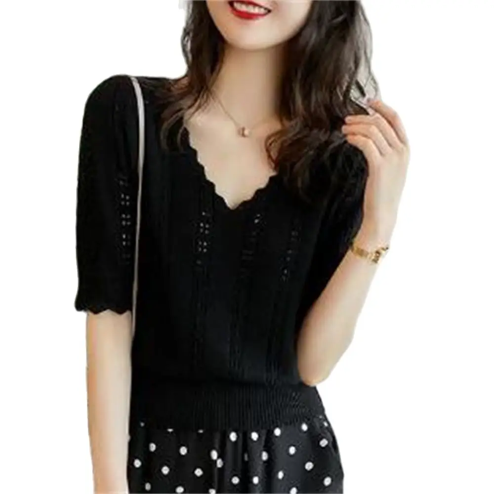 

Women's Hollow Out V-Neck Knitted Blouse Pullover Top Short Sleeve Knit Shirt Female Top 2024