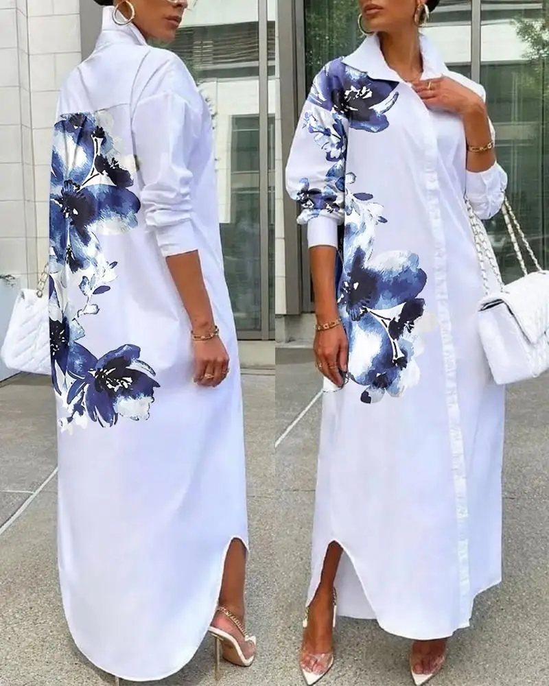 Flor botão impresso feminino para baixo camisa vestido solto encaixe casual vestido manga comprida primavera verão