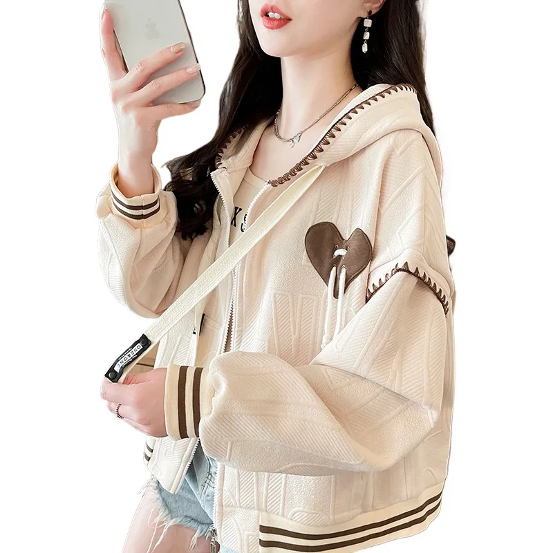 الحلو كلية نمط البيسبول موحدة سترة الفتيات أزياء ربيع الخريف خطوط فضفاضة القلب الرباط سترة هوديي معطف مقنع #6