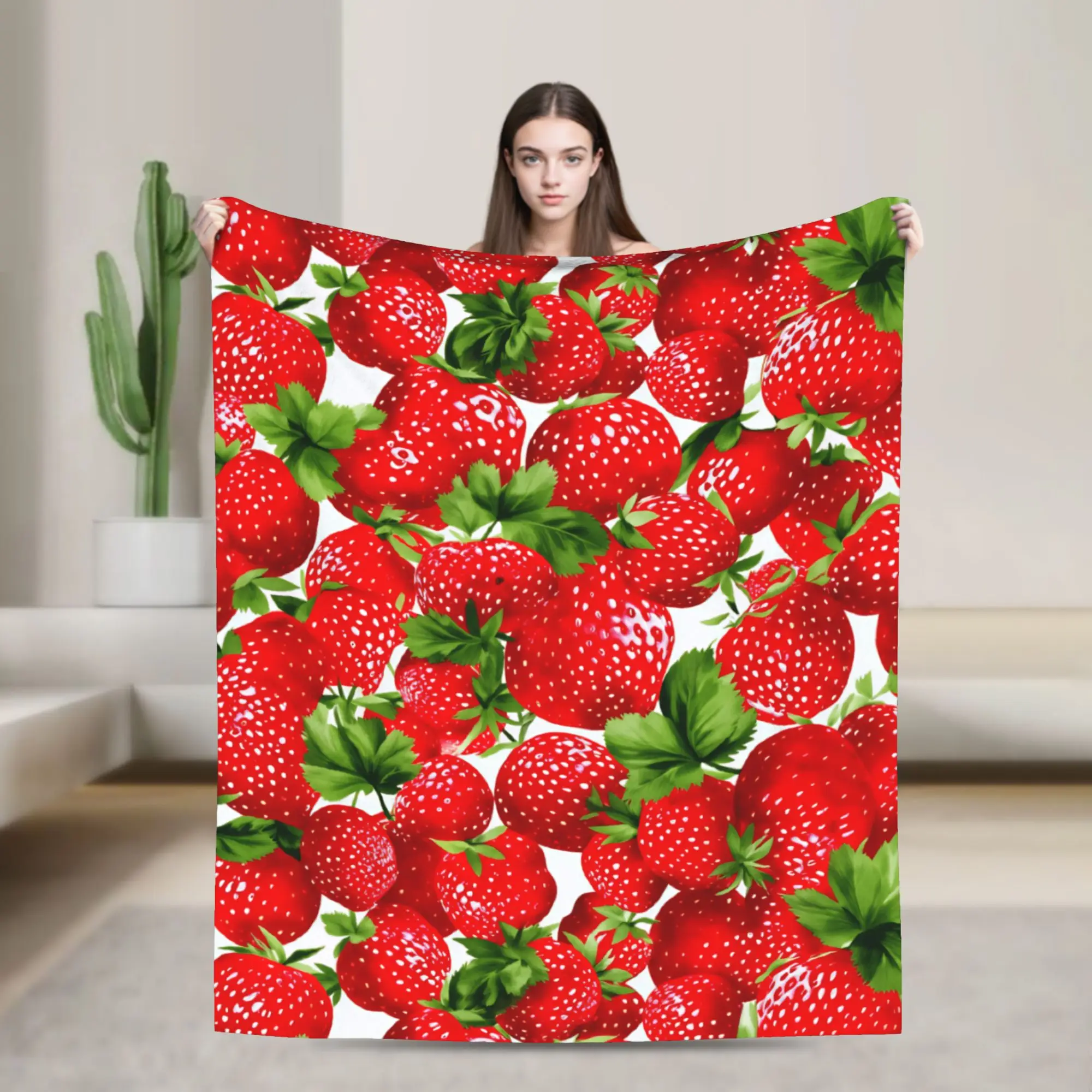 Bright Red Strawberry Leaf Seamless Pattern Blanket Winter  Warm Comfy Throw Blanket For Girls Bedroom Bedspread Bed Cover