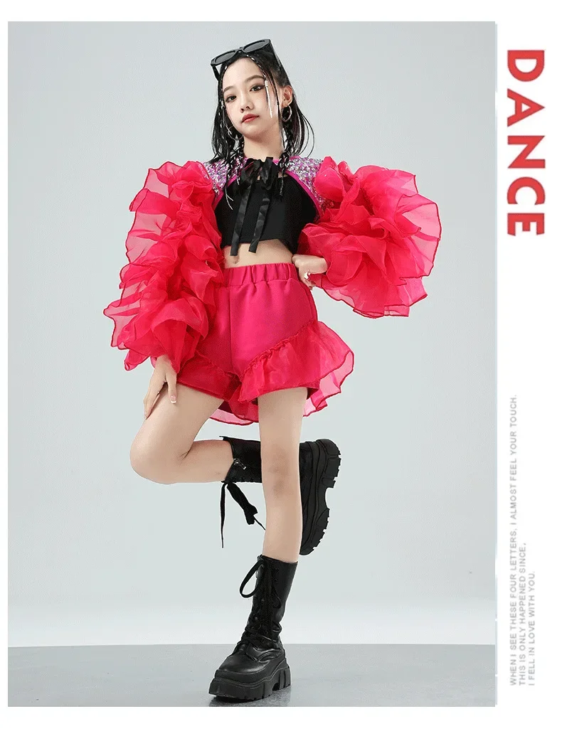 Mädchen Rosa Paillettenkleid mit Puffärmeln Jazz-Tanz Laufsteg-Show-Kostüm Trendiges Kinder-Auftritts-Outfit – Detail 17