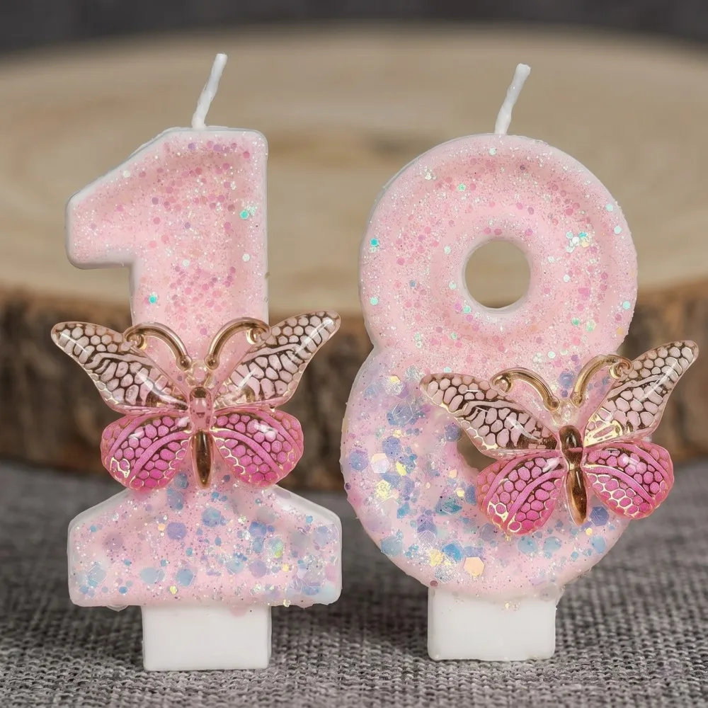 Pink White Butterfly Number Birthday Candles Digital Cake Decoration Party Supplies Birthday Celebration Candle