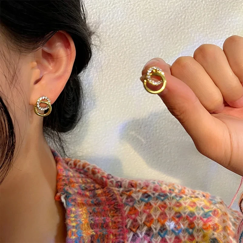 FTCY الذهب اللون دائرة مزدوجة وأقراط للنساء الكورية رائعة بسيطة المعادن كريستال القرط الفاخرة هدايا مجوهرات الحفلات #2