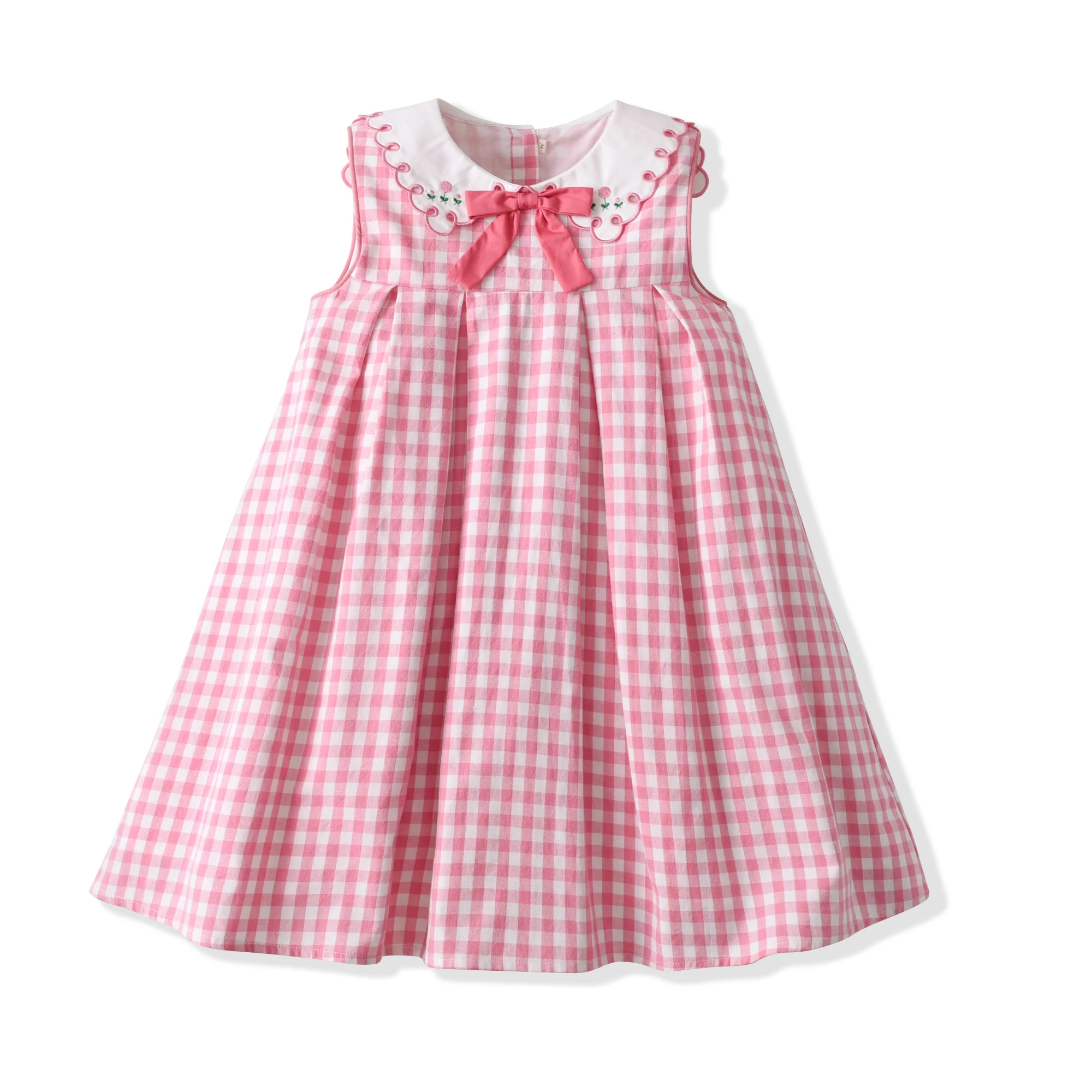 Pink Color Gingham Embroidered Sleeveless Cute Girl Dress Summer Holidays Party Baby Girls Dresses Birthday Clothing For Kids