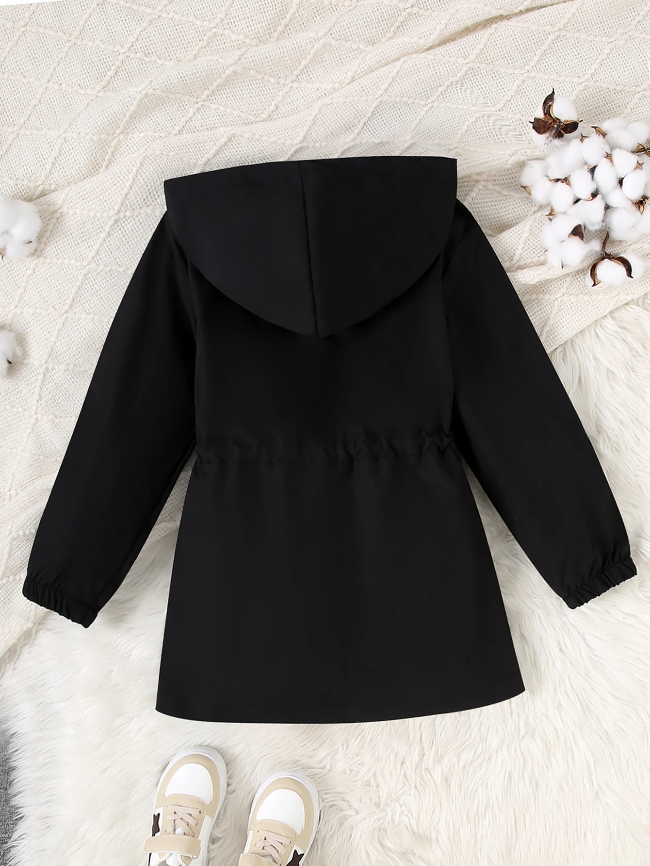 Autumn  Girls Hooded Long Sleeved Waist Cinched Solid Color Thick Warm Casual Cute Jacket