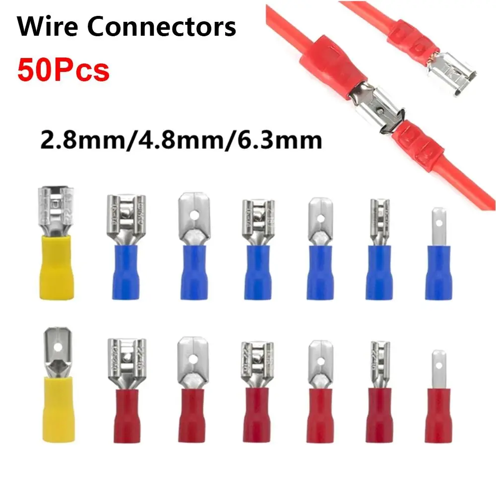 50Pcs 2.8/4.8/6.3mm Wire Connectors FDD/MDD1.25/2/5.5 Insulated Electrical Crimp Terminal Spade Female/Male Quick Disconnects