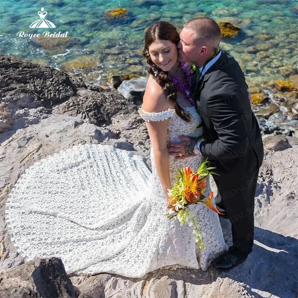 Vestido de novia de sirena con hombros descubiertos, traje de encaje personalizado de talla grande con tren de barrido, vestidos de novia Civil