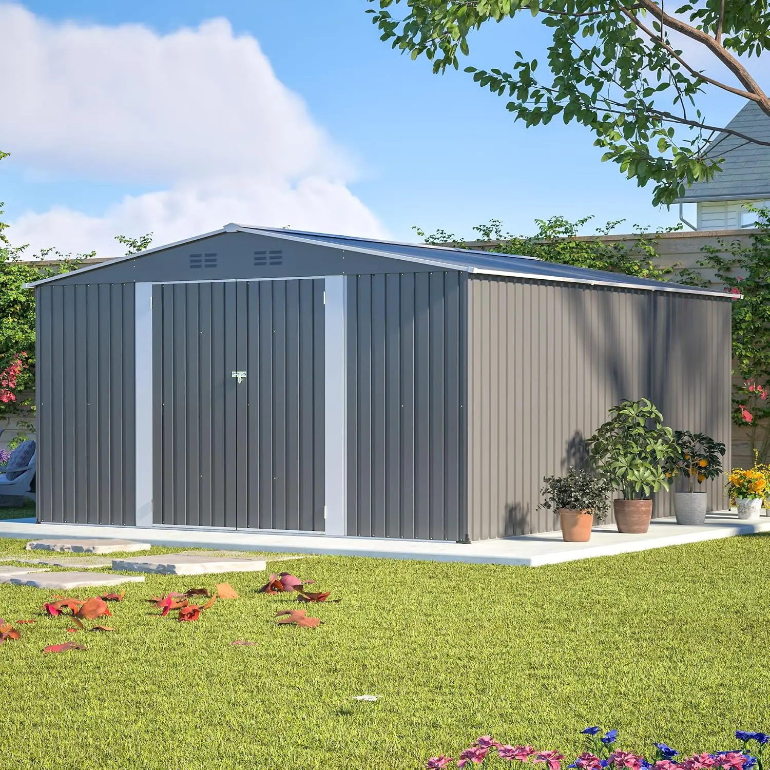 12x14 FT Outdoor Metal Storage Shed with Floor Frame, Extra-Large Steel Garden Tool Shed with Lockable Double, Customized