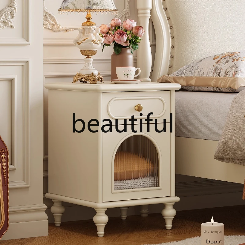 French bedside table, bedroom creamy white American home against the wall storage locker