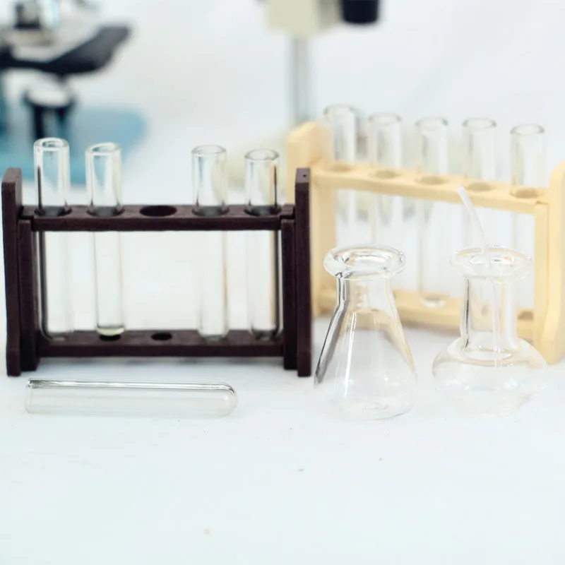 Dollhouse Miniature Laboratory Glass Test Tubes with Wooden Rack Dropper Measuring Cup Simulation Physical Chemistry Experiment