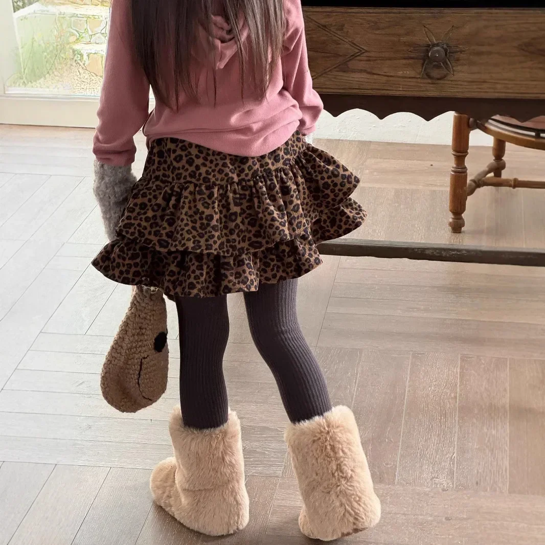 Girls Skirts 2024 Winter New Childrens Clothes Girls Retro High Waisted Leopard Corduroy Pleated Skirt Casual Simple Daily