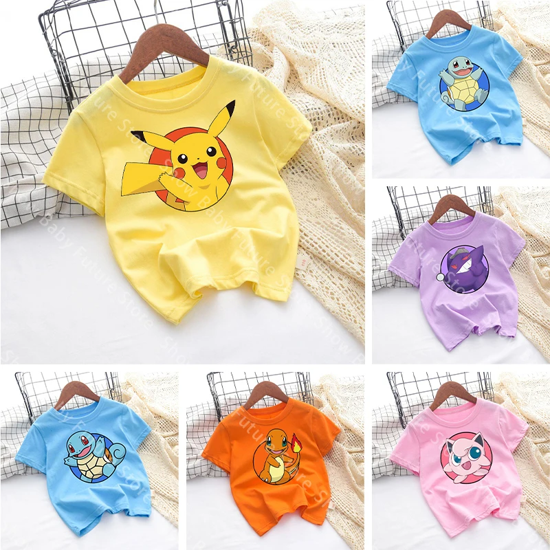

Different Colors Cartoon Cotton T Shirt Cute for Boys Girls Pokemons Pikachus Squirtles Summer Clothes Tops Anime Short Sleeve
