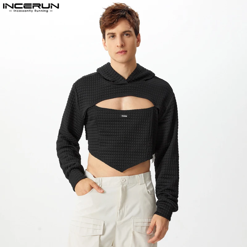 2024 INCERUN Men Sexy Long Sleeve Tops Hollow Out Printing Cut Off Hooded Sweatshirts Loose Waffles Sense Of Design Pullovers