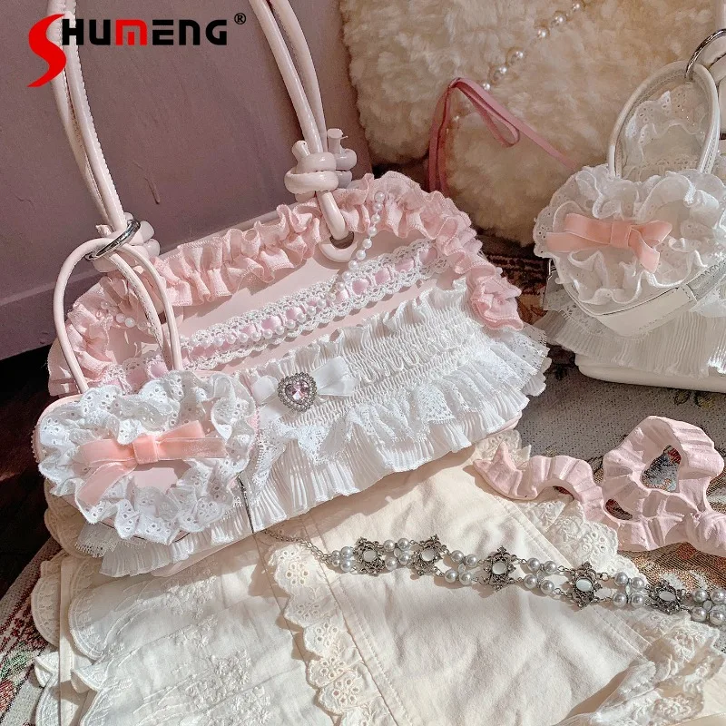 

Japanese Sweet Cute Lace Bow Cake Handbag Original Design Cute Girlish Daily Matching Portable Bags Fashion Dating Shoulder Bag