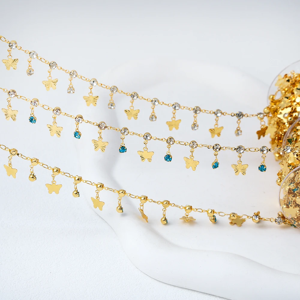 

Brass 18K Gold Plated Butterfly Tassels Chains Colorful Zircon Close Chains For Diy Bracelet Necklace Jewelry Making Accessories